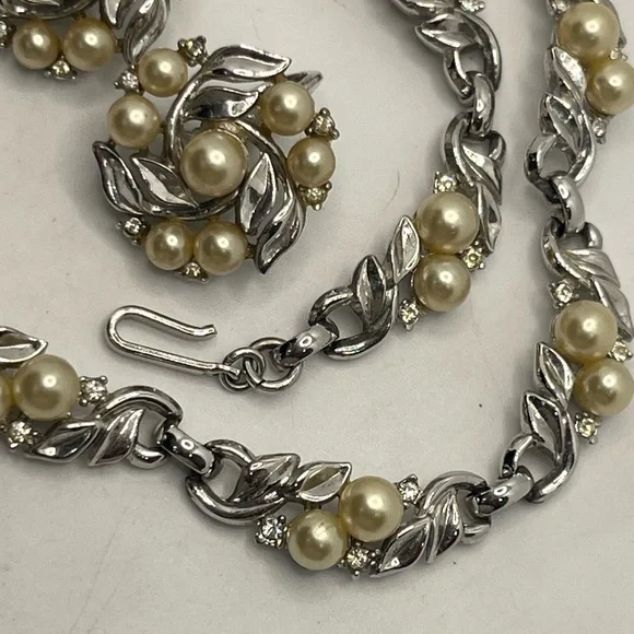 Crown Trifari pat pending faux pearl silver tone rhinestone necklace & earrings
